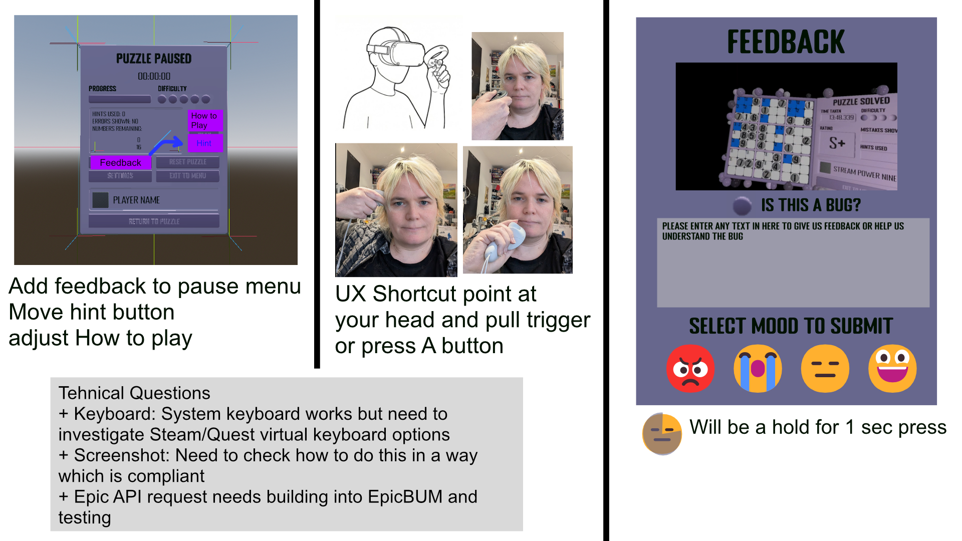 Early design rough for the feedback screen showing the pause menu integration, UX shortcut gesture, and mood-based submission buttons