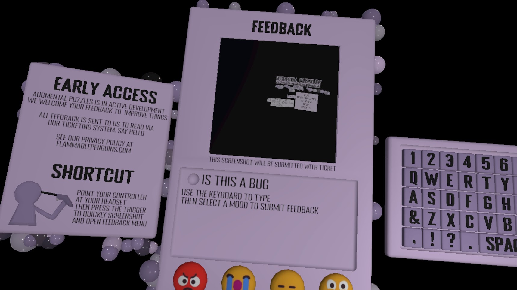 The final feedback screen in VR — screenshot captured, keyboard ready, mood emojis at the bottom