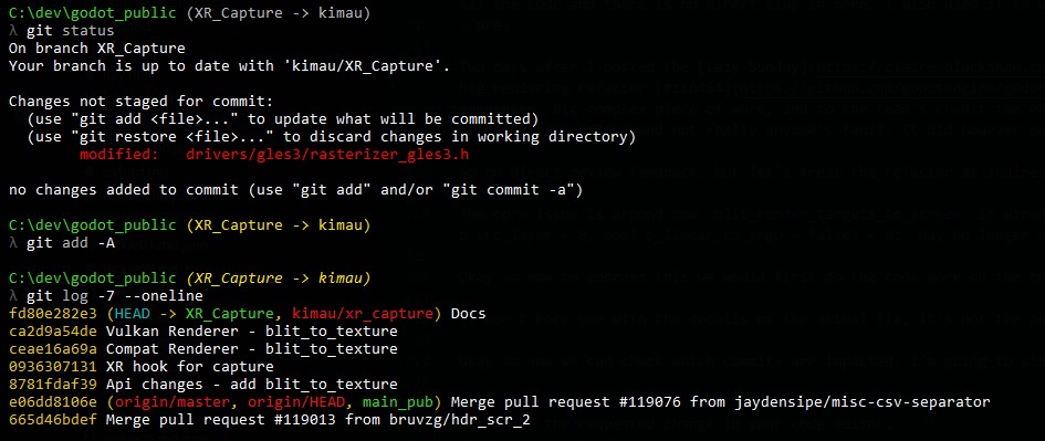 git status showing a modified file in drivers/gles3, then git add -A, then git log -7 --oneline showing the clean xr_capture stack with Docs at HEAD on top of main_pub