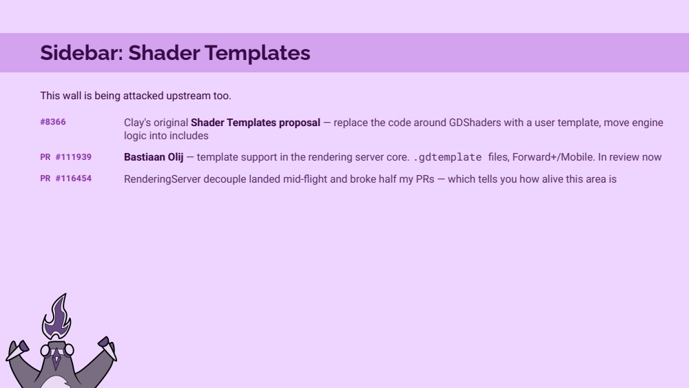 Shader templates sidebar slide: Clay's original shader templates proposal 8366 which led to compositor effects, Bastiaan Olij's PR 111939 adding template support to the rendering server core with .gdtemplate files for Forward+ and Mobile, in review now, and PR 116454 the RenderingServer decouple which landed mid-flight and broke half my PRs, which tells you how alive this area is