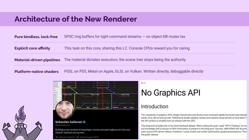 Architecture of the new renderer slide: pure bindless, lock-free SPSC ring buffers for tight command streams with no object-DB mutex tax. Explicit core affinity, this task on this core sharing this L2, console CPUs reward you for caring. Material-driven pipelines, the material dictates execution and the scene tree stops being the authority. Platform-native shaders: PSSL on PS5, Metal on Apple, GLSL on Vulkan, written directly and debuggable directly