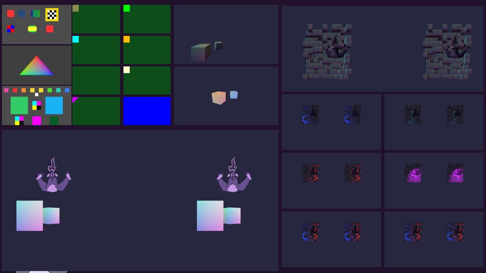 Progress montage from the PlayStation port: texture format tests, a gradient triangle, colour swatches, render target tests, textured cubes, stereo eye pairs of the Flammable Penguins mascot, and lighting tests with coloured lights on a brick wall